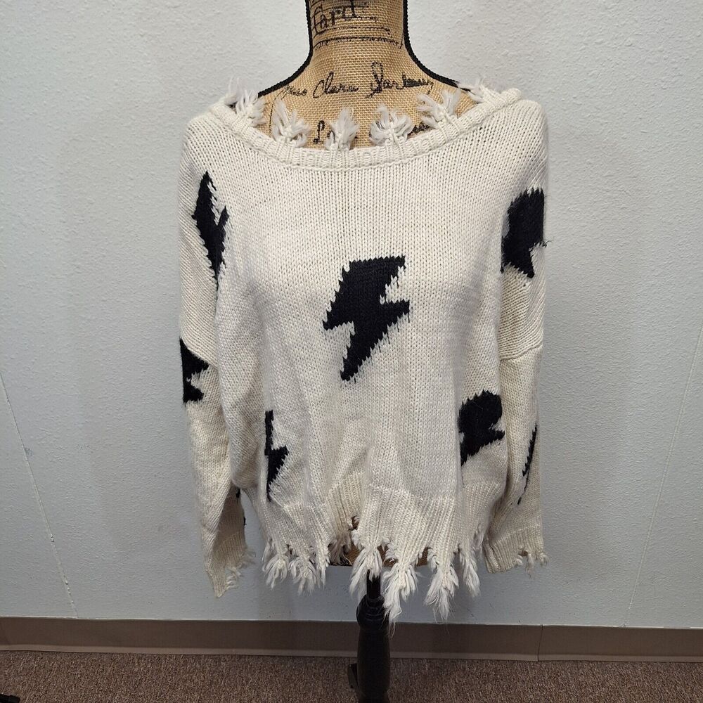 Storia Brand Star V Back Oversized Sweater Pullover Stretch White Women's Size S